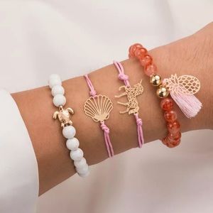 🎉 New Bohemian Pink & Gold bead Bracelet Set of 4